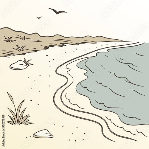 A serene hand drawn illustration depicts a coastal landscape showcasing gentle waves sandy shores and distant birds in flight