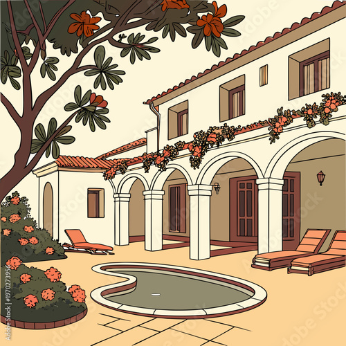 A charming illustration depicts a spanish style villa with a courtyard featuring a pool lounge chairs and vibrant floral accents