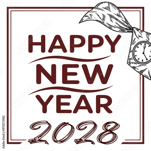 A vintage style graphic displays happy new year 2028 with sketched elements including a clock and a festive banner