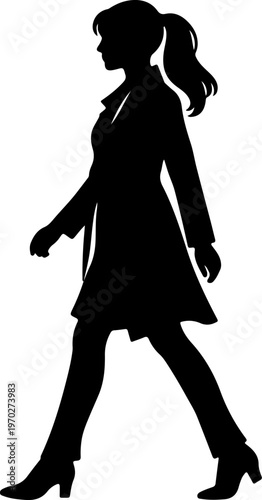 A minimalist silhouette illustration of a businesswoman walking in a confident stride