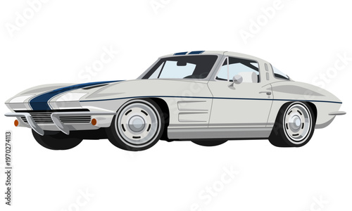 Classic 1960s Vintage Sports Car Illustration in White with Blue Racing Stripes and Retro Rims