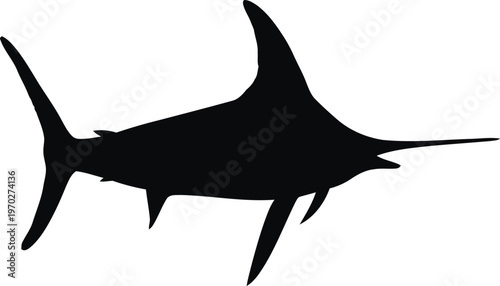 A sharp black silhouette of a swordfish isolated on a clean white background for graphic design