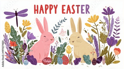 Cute Cartoon Easter Bunny Illustration with Pink and Beige Rabbits in Spring Garden