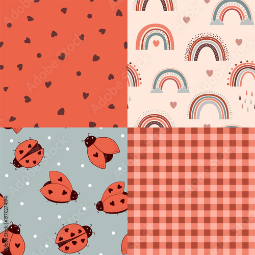 Seamless patchwork pattern with kawaii ladybugs, hearts, polka dot, gingham, and stylized sews. Vector illustration.