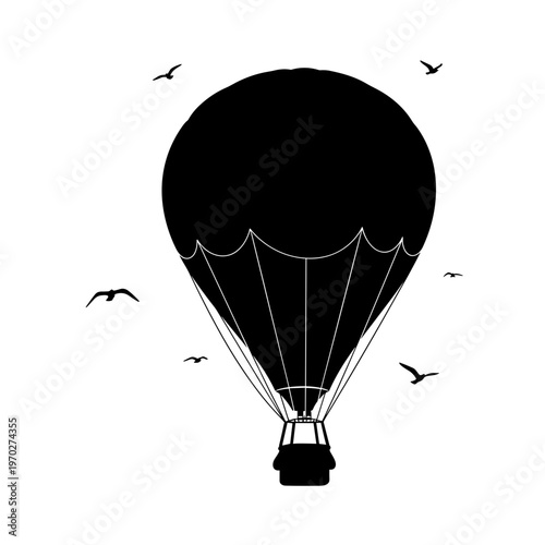 Black silhouette of a hot air balloon with birds flying around it.