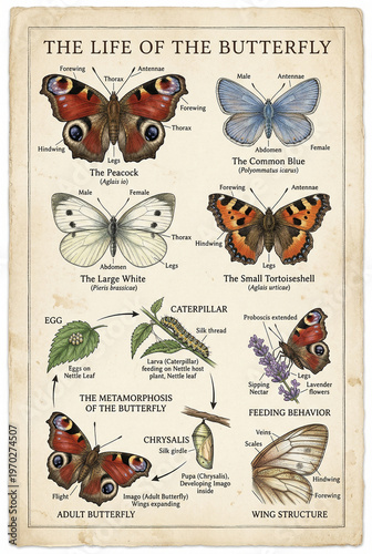 Title: A Detailed Vintage-Style Illustrated Educational Chart of the Complete Life Cycle, Metamorphosis, Behavior, and Species of the Butterfly.