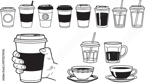 Assortment of coffee cups, each holding steaming, freshly brewed beverage. Various styles, from classic to-go cups with lids to delicate teacups and a hand holding.
