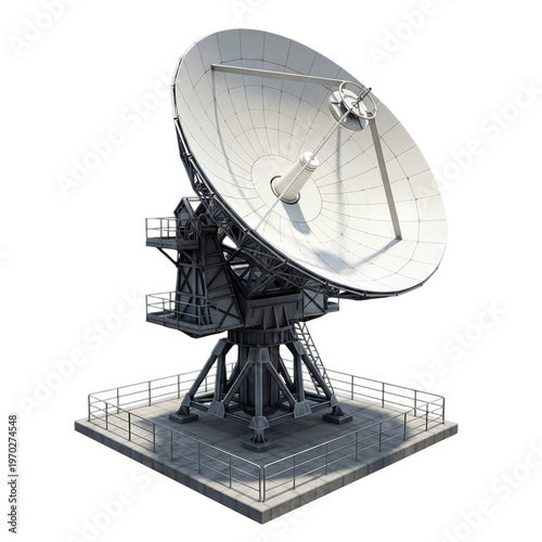 Large satellite dish antenna isolated transparent background, radio telescope communication technology equipment for astronomy observation.