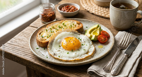 Title: Healthy Breakfast Plate with Sunny-Side Up Fried Egg and Avocado on a Rustic Table.