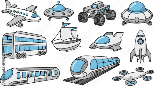 Diverse collection of cartoon vehicles including airplanes, rockets, trains, and UF Os, showcasing modern and futuristic transportation modes