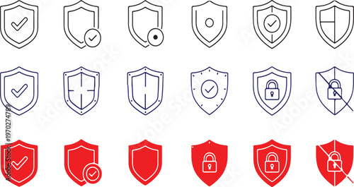 A collection of stylized shields featuring a variety of security and protection symbols, ranging from checkmarks to padlocks. Ideal for illustrating digital safety, data privacy.