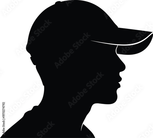 Cad drawing flat vector illustration of man silhouette wearing a baseball cap side view profile isolated on a white background.