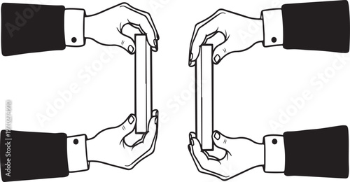 Two sets of hands, in formal attire, meticulously present and hold a rectangular object between them, focusing on the detail and presentation, implying a sense of order. 