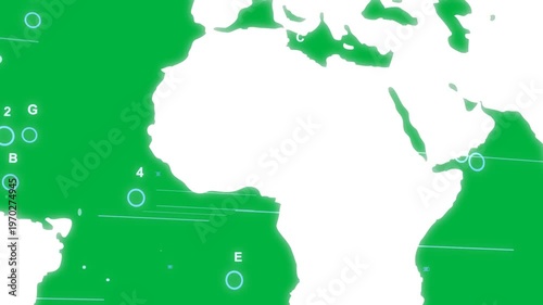 Edges spawning, cyan nodes sliding toward Africa, showing coastal links on transparent canvas