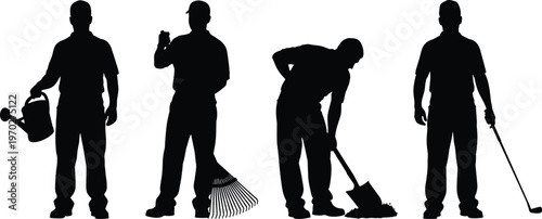 Cad drawing flat vector illustration of gardener silhouettes with watering can rake and shovel for landscaping and outdoor garden maintenance.