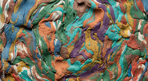 Title: A colorful close-up of swirled and mixed modeling clay with textured marble patterns.