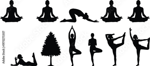 Cad drawing flat vector illustration of yoga silhouettes including tree pose and lotus position for wellness and healthy lifestyle design.