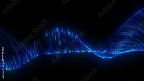 Abstract neon blue flowing wave lines on dark gradient background. Smooth linear streaks forming dynamic digital waveform with depth glowing big data. Futuristic sci-fi liquid texture loop 4K 60fps.