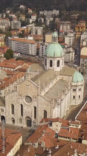Aerial View of Como Cathedral Architecture. Vertical video