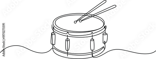 Single line snare drum drawing with wooden drumsticks on surface, continuous line art style, minimal musical instrument illustration, modern abstract outline design.