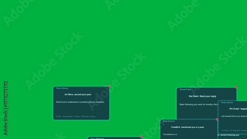 Incoming alerts sending teal cards sliding up edges, stacking to show alerts on transparent canvas
