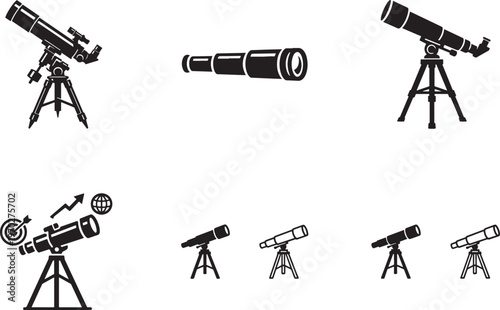 Telescope icon set in flat style, spyglass vector, space learning sign, isolated business concept.