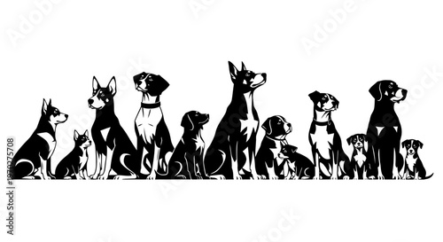 A captivating black and white illustration showcasing a diverse group of dogs, each with unique features, sitting in a row, exuding charm and loyalty.
