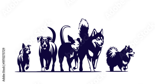 A group of diverse dog breeds standing together in a line.