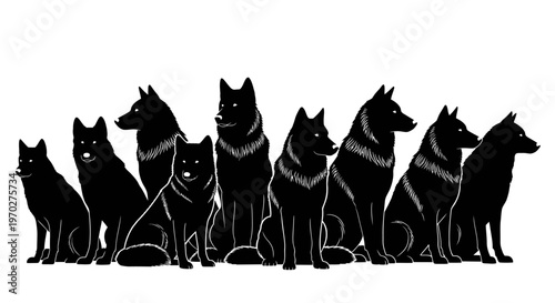 A group of nine black dogs sitting and standing together, depicted in a minimalist silhouette style on a white background.