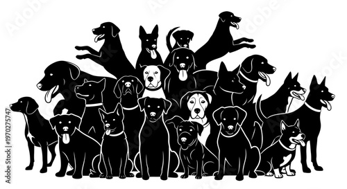 A large group of various dog breeds in a silhouette style illustration.