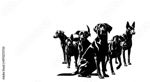 A group of various dogs depicted in a striking silhouette style.