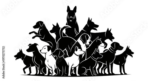 A large group of various dog breeds in a black and white silhouette illustration.