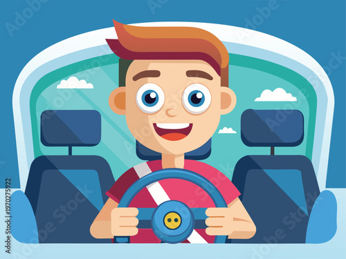 Excited child driving a toy car with a smiling face and steering wheel
