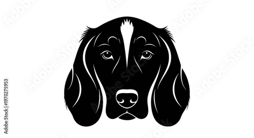 Black and white silhouette of a dogs head, a minimalist and striking depiction of a canine face with expressive eyes and floppy ears, perfect for logos or graph