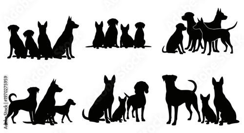Collection of various dog breed silhouettes in different poses.