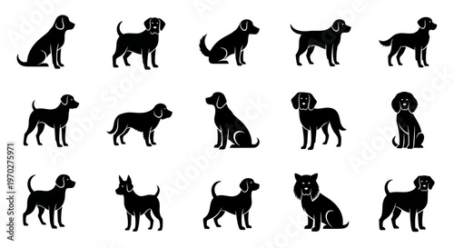 Collection of various dog breed silhouettes in different poses.