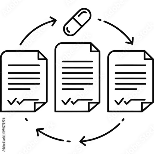 Medical research process icon: documents, capsule, workflow arrows, drug discovery, clinical trials, pharma development, healthcare