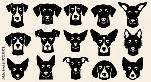 Collection of various dog breeds in a minimalist black and white style.