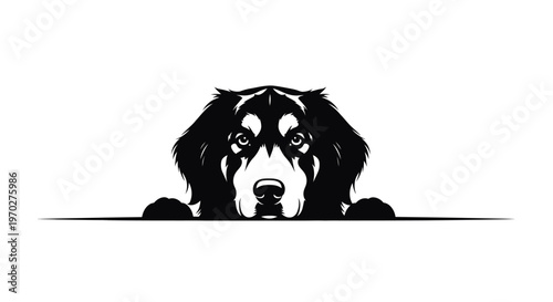 Black and white vector illustration of a dog peeking over a line.