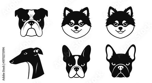 Collection of various dog breeds in black and white illustration style.