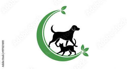 Dog and cat silhouettes with green leaf crescent, pet care logo.
