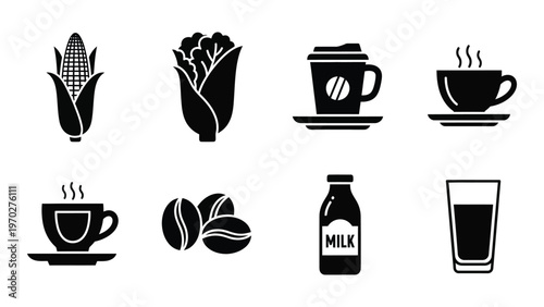 A collection of black icons depicting corn beverages and dairy products presented in a minimalist silhouette high quality professional detailed modern