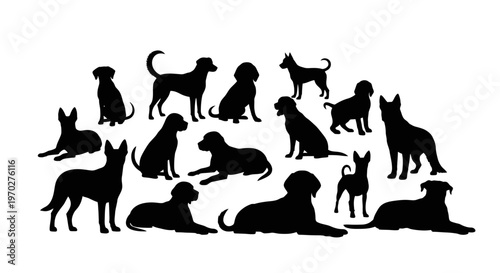 Collection of various dog breeds in silhouette, showcasing different poses and sizes, isolated on a white background.