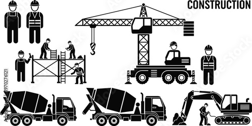 Collection of Construction Silhouettes Featuring Workers on Scaffolding Cement Mixer Trucks Crane and Excavator Machinery Vector Illustration Isolated on White Background for Industry