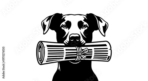 Dog holding a rolled newspaper in its mouth black and white illustration.