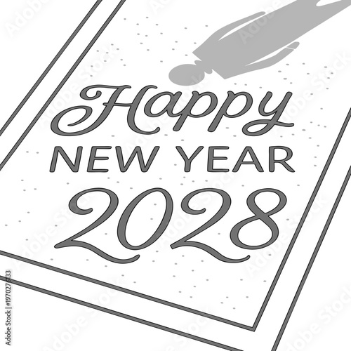 A grayscale depiction showcases happy new year 2028 text with a shadow of a person holding a party favor