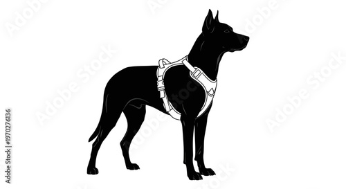 Black dog wearing a harness, standing in profile, a simple line art illustration.