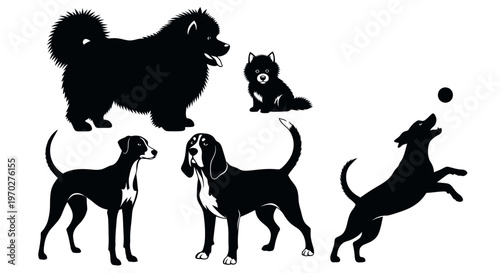 Collection of various dog breeds in silhouette, showcasing different sizes and poses, perfect for pet-related designs and illustrations.