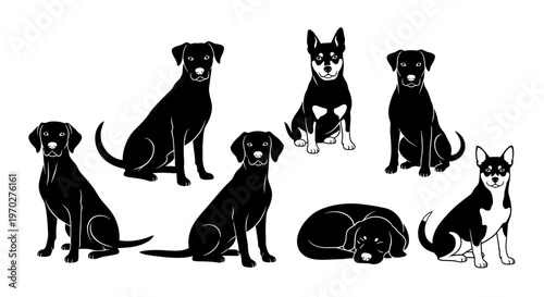 Collection of various dog breeds in silhouette, showcasing different poses and sizes, isolated on a white background.