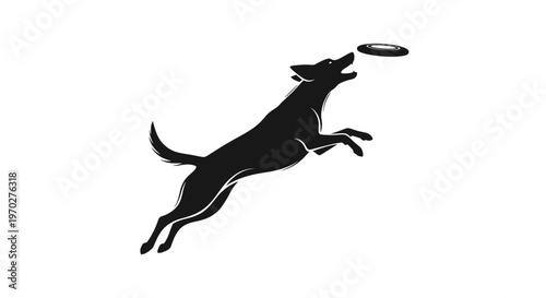 Dynamic silhouette of a dog leaping to catch a frisbee in mid-air.